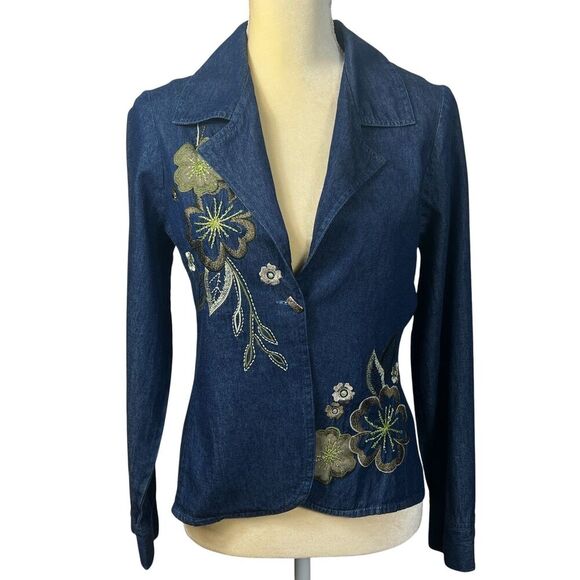 Tantrums Jackets & Blazers - Tantrums Women's PS Blue Denim Floral Embroidered Beaded Blazer Jacket Cotton
